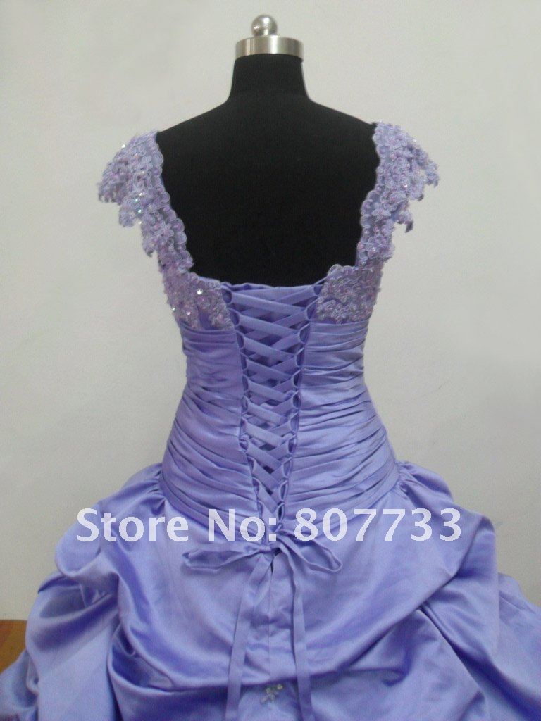 Real sample RE038 cheap Embroidery cap sleeves purple wedding dress