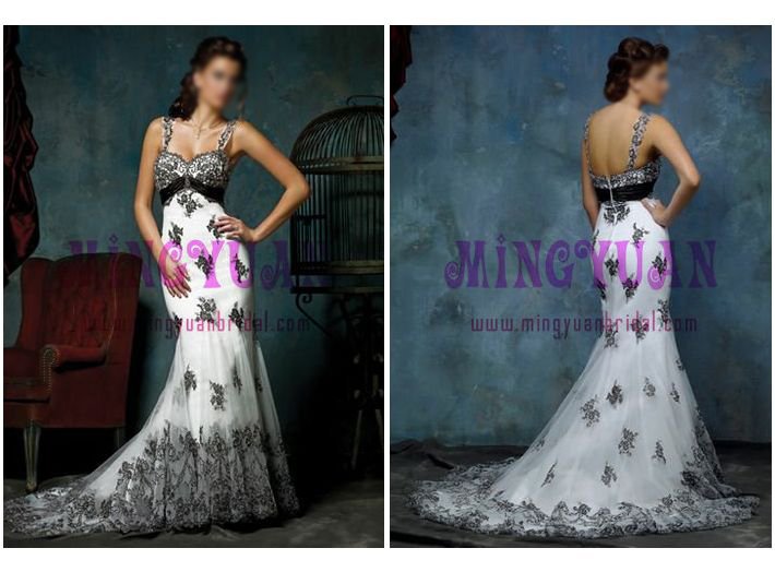 white organza appliqued black lace sleeveless wedding dress w2015