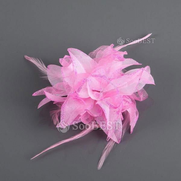 Wholesale Cute Gauze Flower Wedding Bridal Headpiece with Feather Trim and