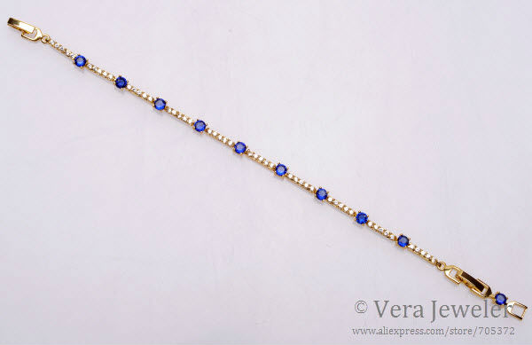 106022469003-BL 24K Gold Plated Gold Chain Bracelet Cluster Round Sapphire Blue CZ Womens Braclets Crystal Bangles Fashion Jewelry 20cm 7.9 inch (8)