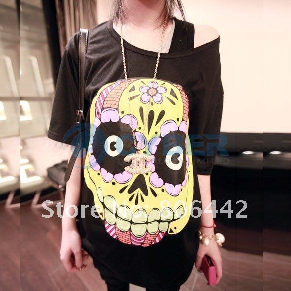 Japan Women's Cartoon Colorful Flower Skull Casual Loose Tops Tee Shirts T-Shirt Free Shipping Japan Women's Cartoon Colorful Flower Skull Casual Loose Tops Tee Shirts T-Shirt Free Shipping