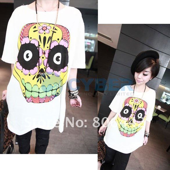 Japan Women's Cartoon Colorful Flower Skull Casual Loose Tops Tee Shirts T-Shirt Free Shipping Japan Women's Cartoon Colorful Flower Skull Casual Loose Tops Tee Shirts T-Shirt Free Shipping