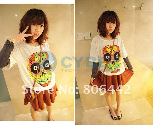 Japan Women's Cartoon Colorful Flower Skull Casual Loose Tops Tee Shirts T-Shirt Free Shipping Japan Women's Cartoon Colorful Flower Skull Casual Loose Tops Tee Shirts T-Shirt Free Shipping
