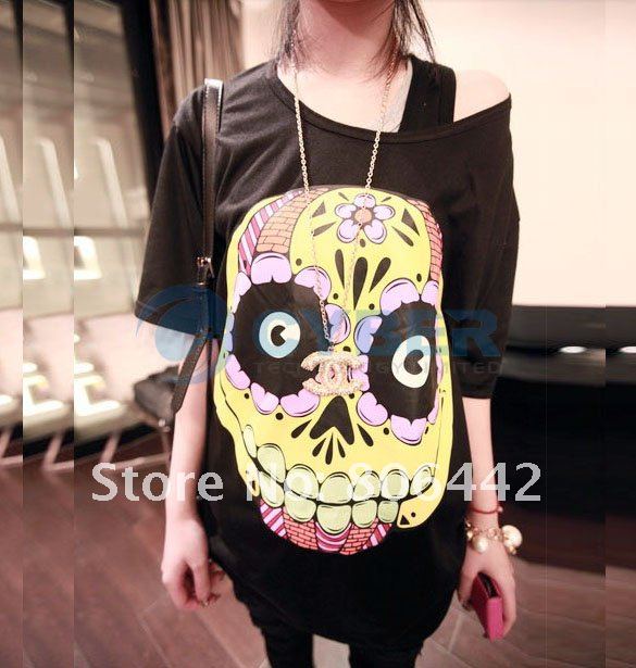 Japan Women's Cartoon Colorful Flower Skull Casual Loose Tops Tee Shirts T-Shirt Free Shipping Japan Women's Cartoon Colorful Flower Skull Casual Loose Tops Tee Shirts T-Shirt Free Shipping