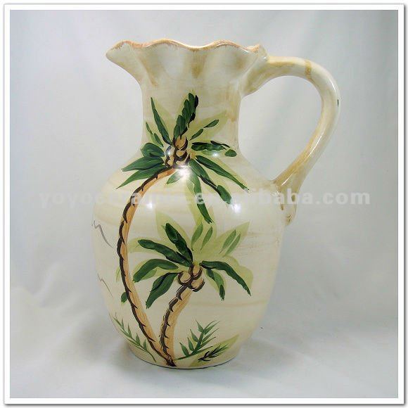 Deep open ceramic water pot with coconut tree design