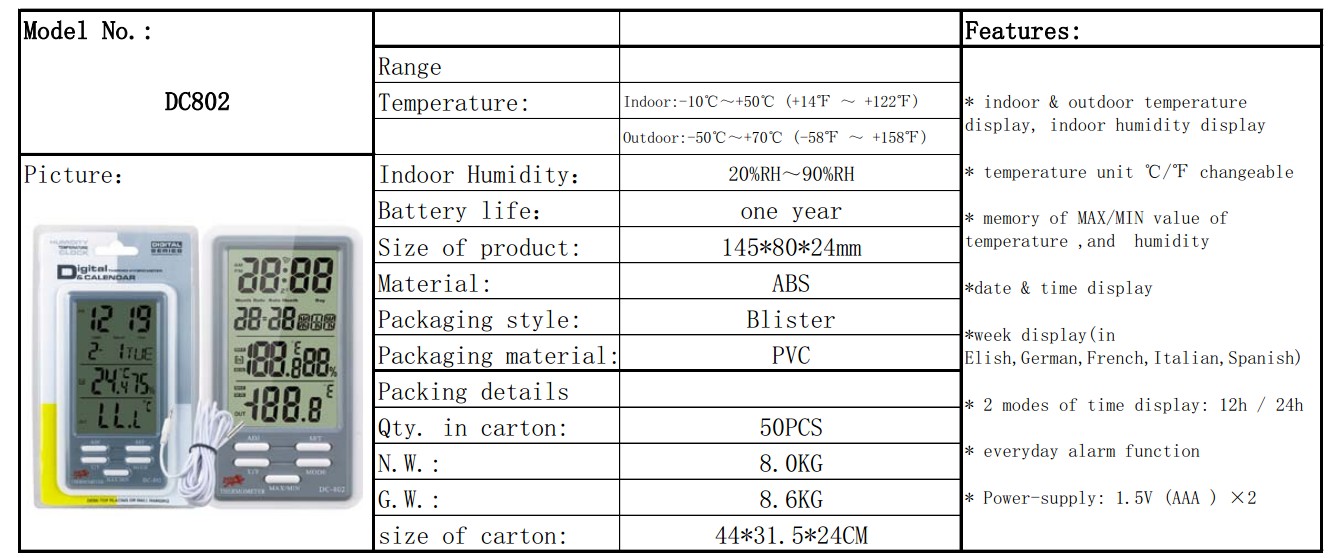dc802家庭のデジタル温度計湿度計のメーター問屋・仕入れ・卸・卸売り