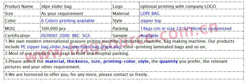Pe reclosable slider bag with custom printing