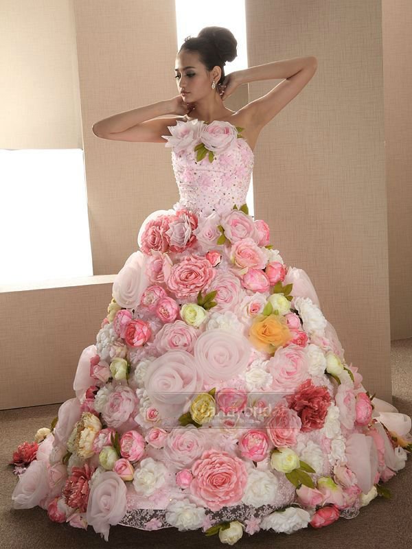 Landybridal's Own Design Dramatic Flowery Strapless Beading Colorful Wedding