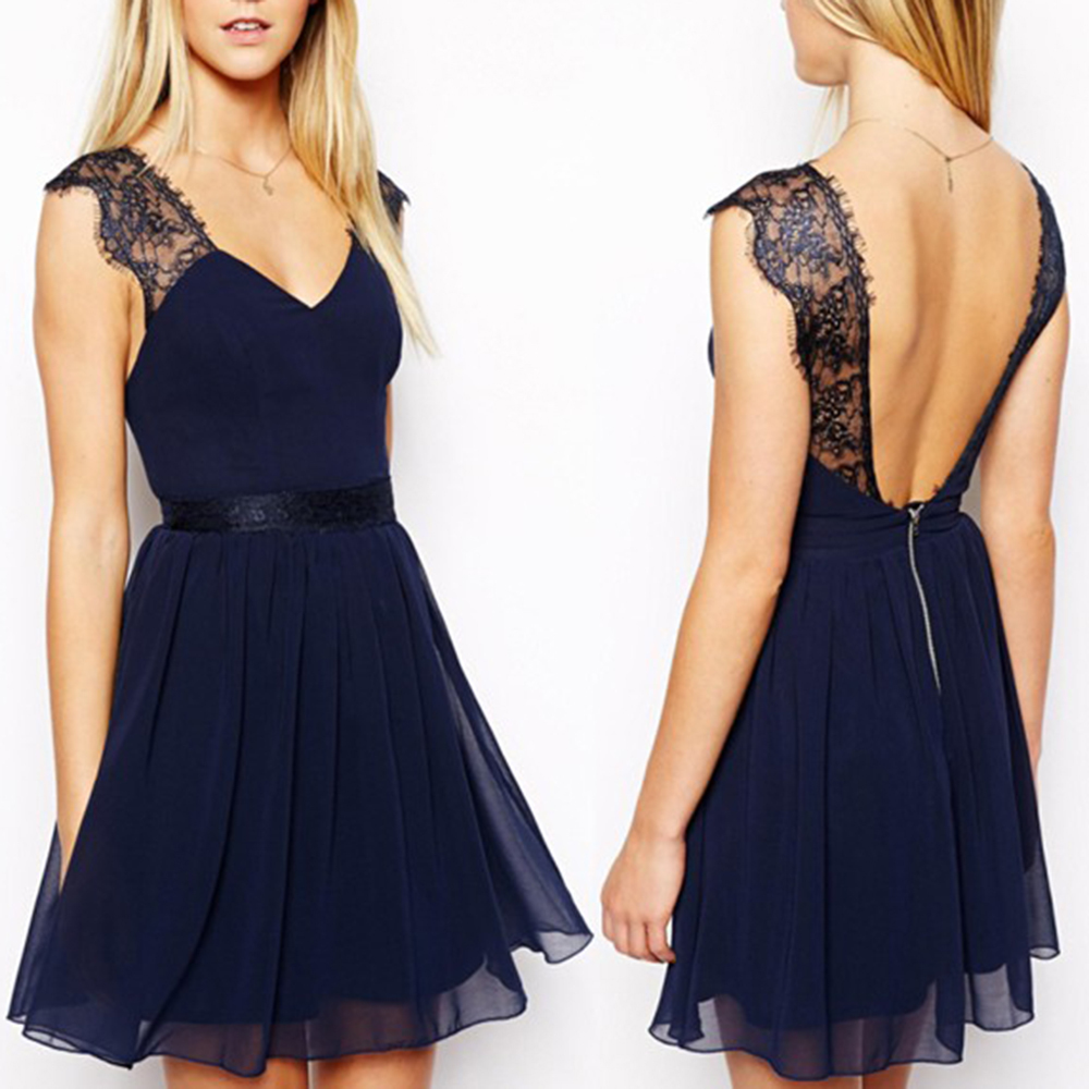 2015 Hot Sale European Style Sexy V-Neck Lace Patchwork Backless Dress for Women E2751#M4