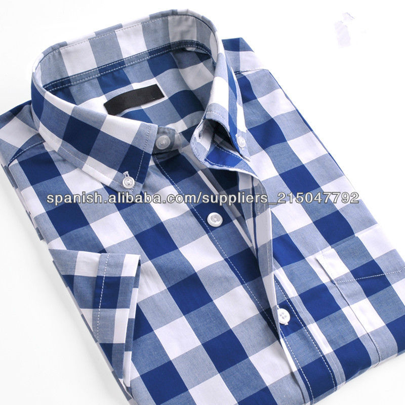 para hombre de manga corta de algodón azul camisa plaids