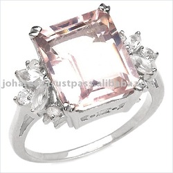 Bold 8.08CTW Genuine Rose Quartz  Diamond .925 Sterling Silver Ring