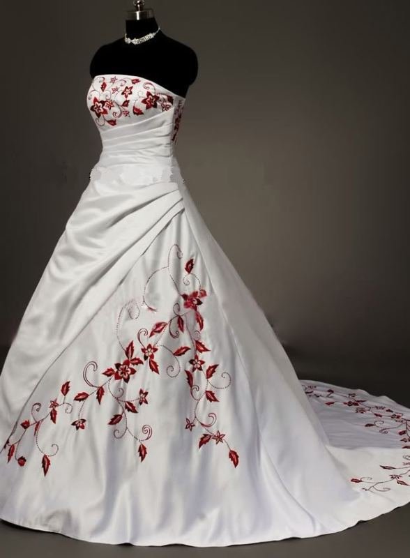 New White Satin Red Embroider Wedding Dress Size238