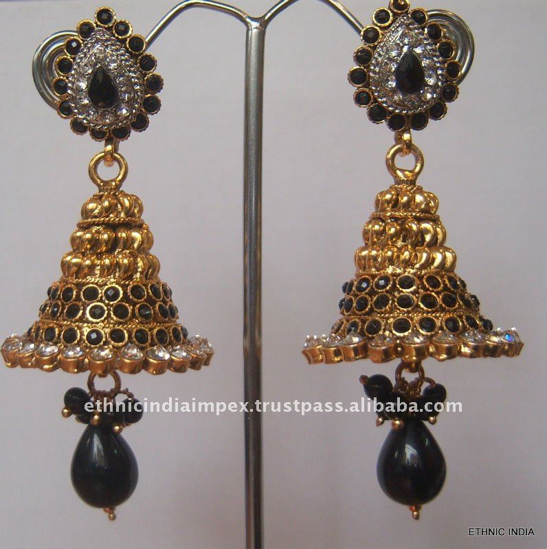 BLACK GOLD TONE POLKI CZ Dangler JHUMKA - Polling OF Fashion Comp Aug 2012