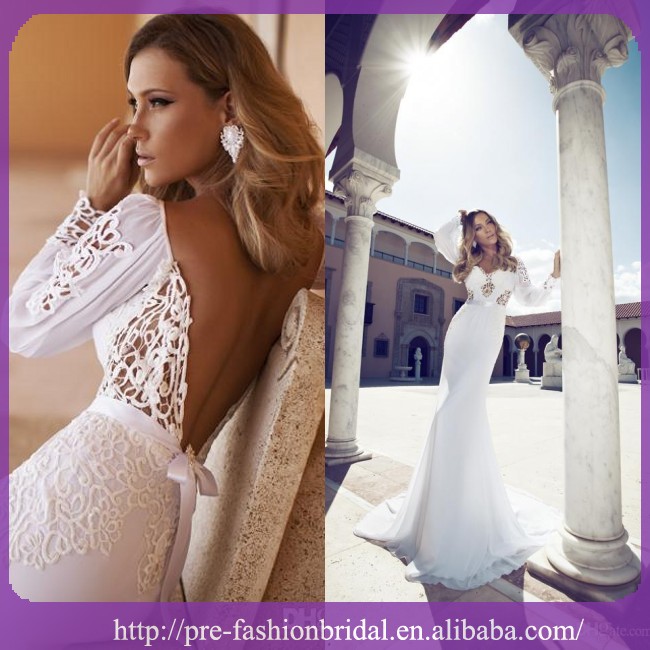 julie 2014 vino novo design sexy v profundo laço volta mangas compridas trem vestidos de noiva vestidos de noiva