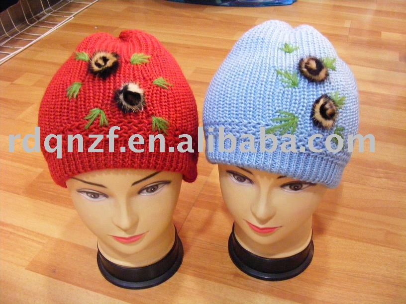 knit beanie hat. Knit beanie with emb of