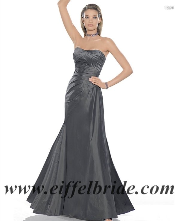 LA9026 Grap folding embroidered and strapless dark silver evening gown