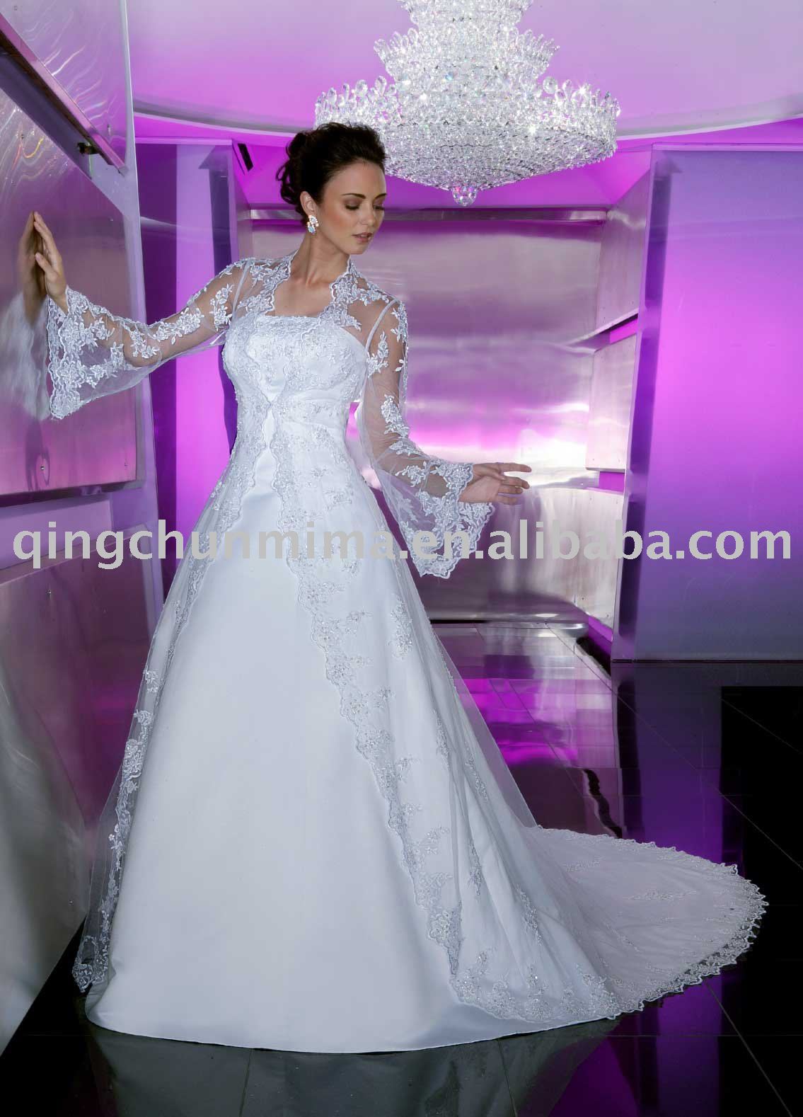 silver and white wedding dress long sleeves