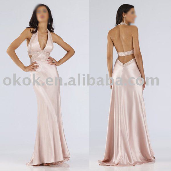 Ivory halter deep V beading backless Evening dress