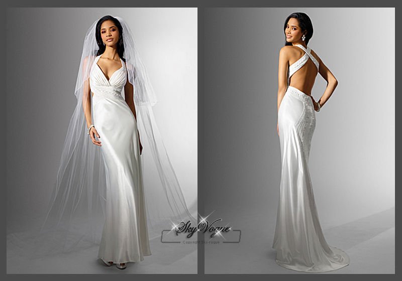 AA16549 Sheath Spaghetti Strap White backless wedding dress