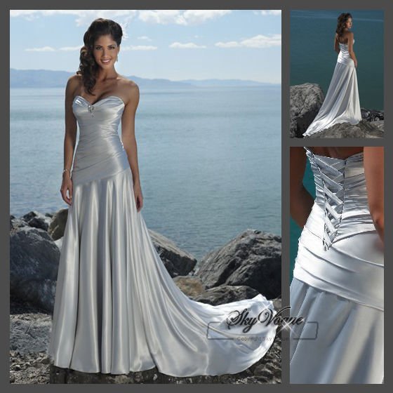 M9N49 Shealth Strapless Silver Satin Wedding Dress Gown