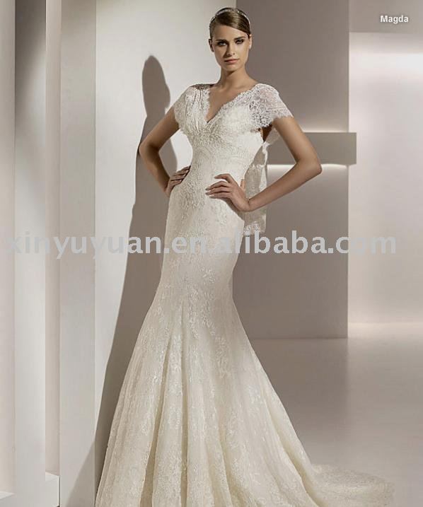 Fashionable capsleeve slim A line wedding dresses bridal gownspopular lace 