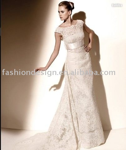 VH390dignified cap sleeve lace embroidered with bowtie waistband wedding 