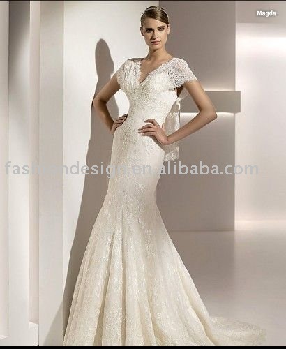 VH701 full lace embroidered trumpt cap sleeve wedding dress