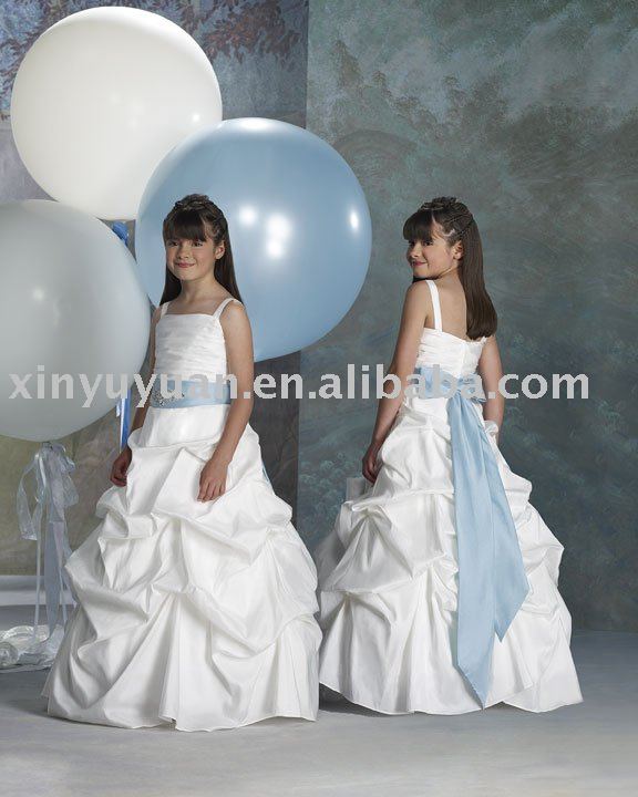 intricate pleated flower girl dress with blue ribbon in the back FOF069