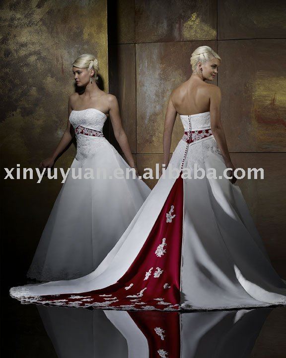 China red and white satin wellmatched sweep train wedding dress FOW049