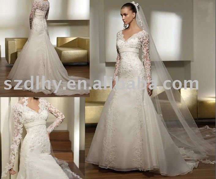 Hotsale stunning gold lace sleeve bridal wedding dress SYF5126