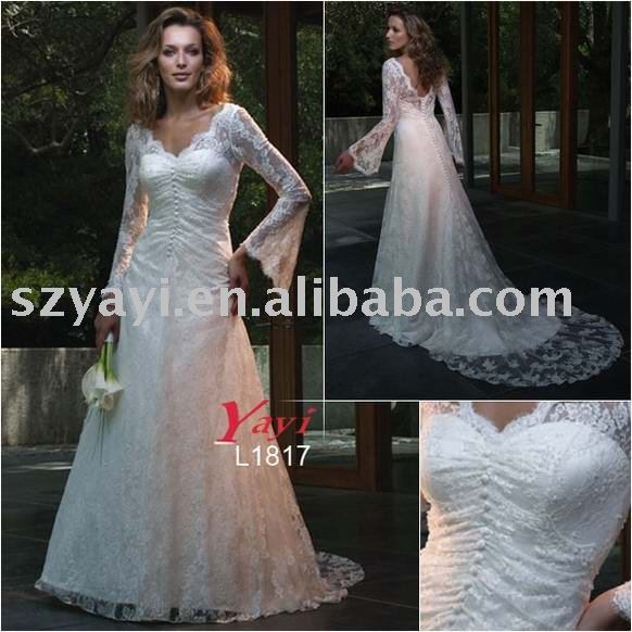Delicate beaded lace slim Aline silhouette with long bell sleeves wedding 