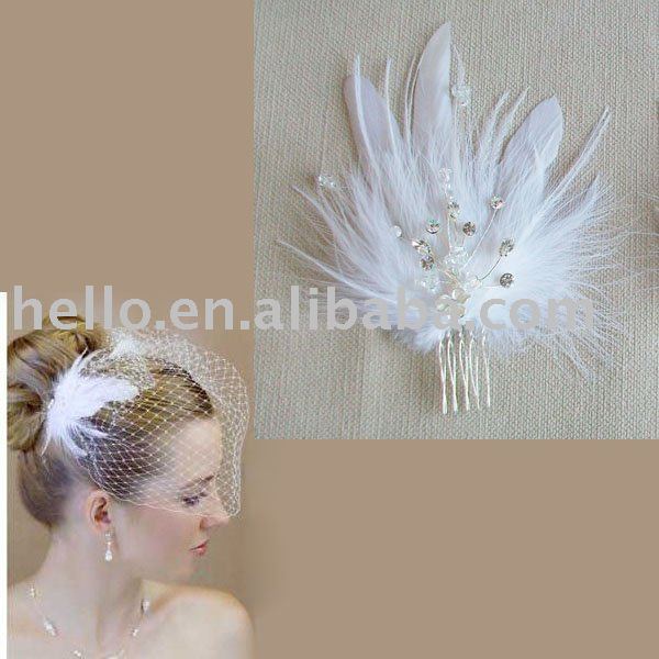 White Bridal Feather Comb with Birdcage Veil
