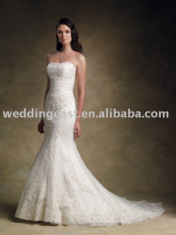 white strapless lace wedding gown