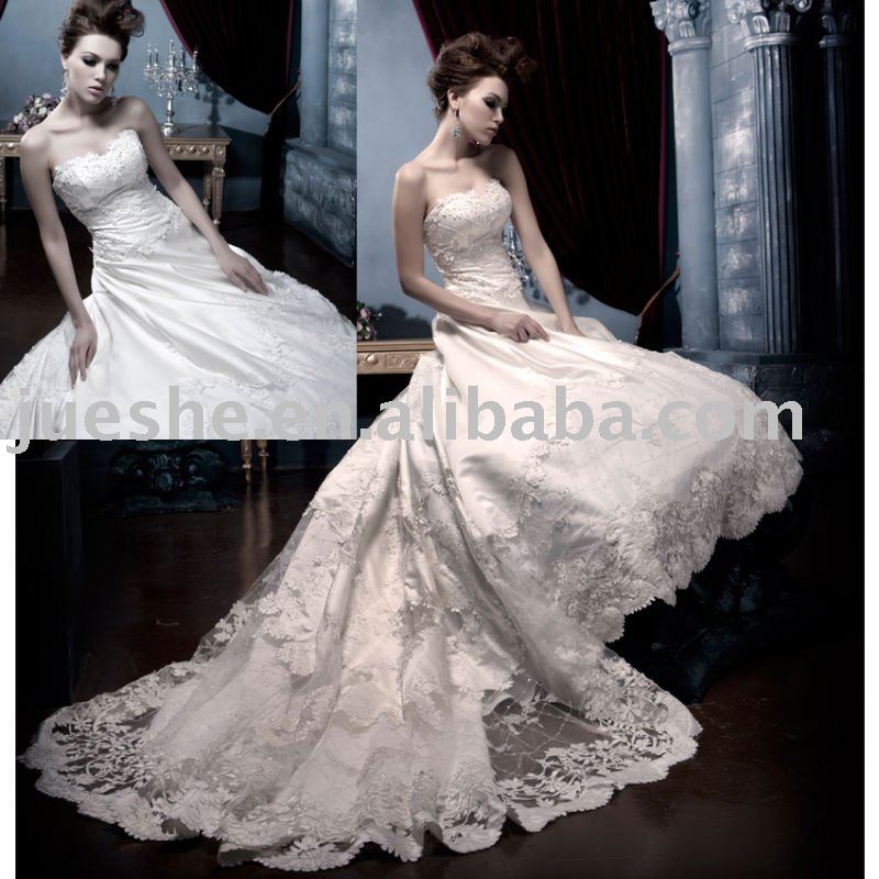 Luxury long beaded cathedral train strapless wedding dress