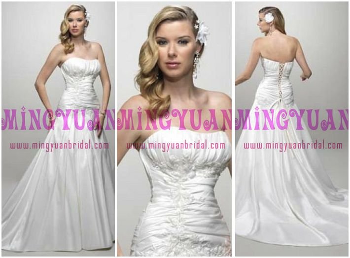 white taffeta strapless long train wedding dress ek452