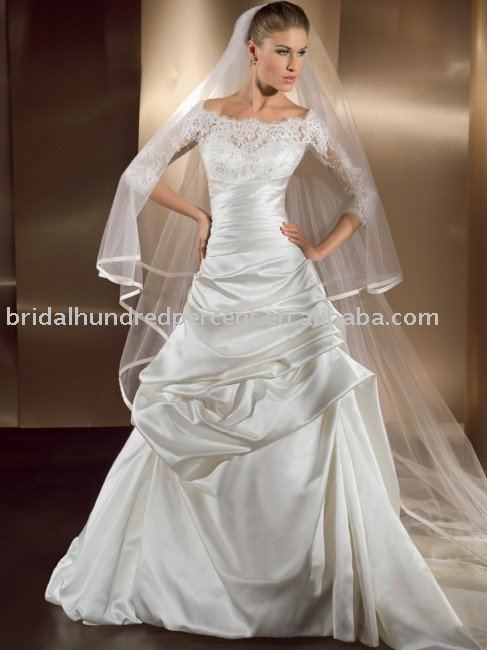Modern long sleeve lace ball gown satin bridal wedding gown dress WBZ1080