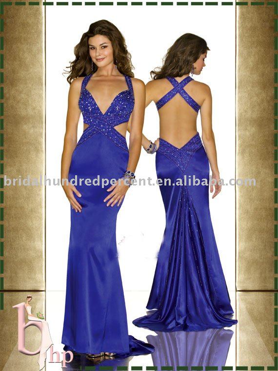 straight straps low back blue prom dress