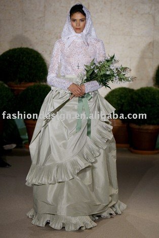  2011Newest High neck long sleeve lace and taffeta designer wedding dress
