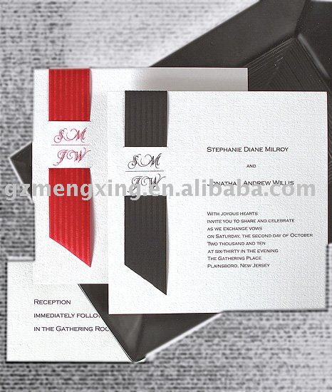 Wedding invitation card with a insert ribbon showing the capital letter of