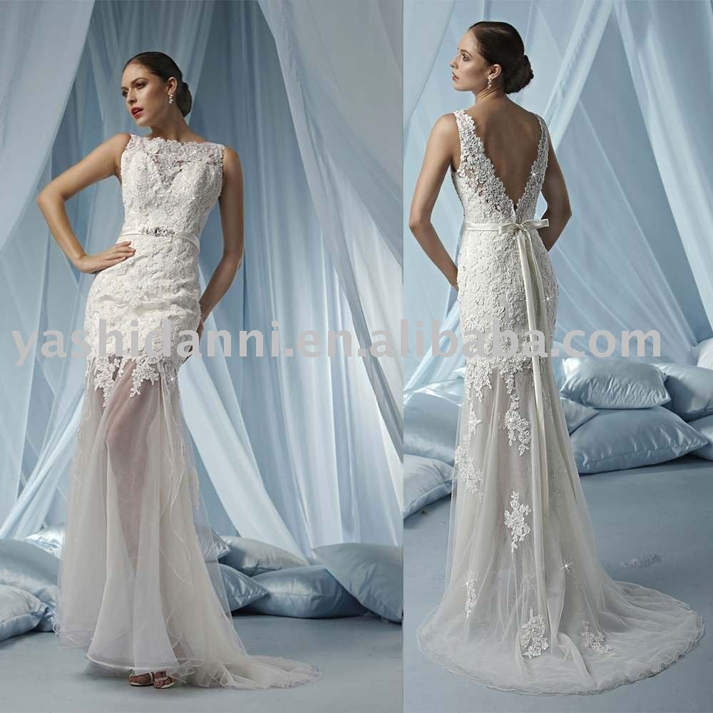 backless lace wedding dresses with feather on shoulder