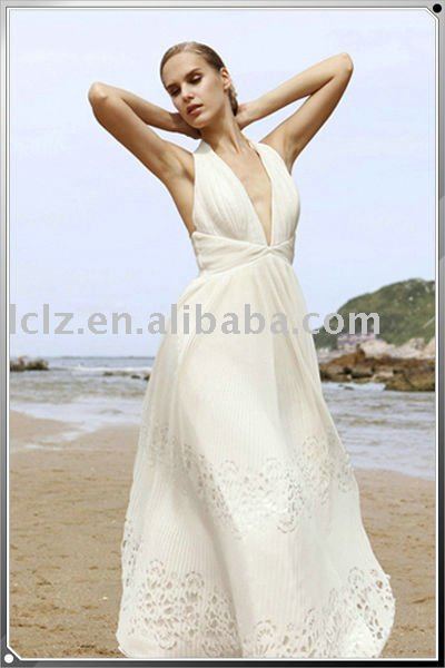C80113 Wedding dress white halter backless deep Vneck Aline court train
