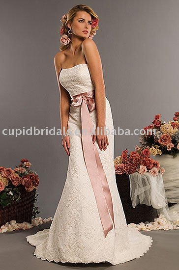 Satin and lace wedding dresses with faced ribbon CBW10179 