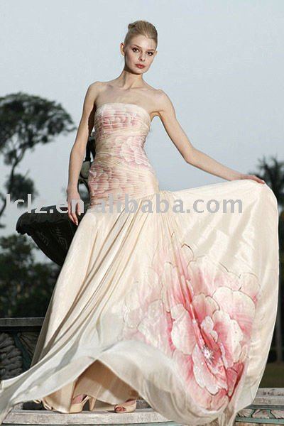 Strapless long beige printed bridal gown wedding dress C80203