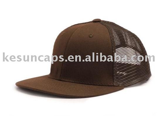 Mesh Baseball Cap. brown flat brim mesh baseball