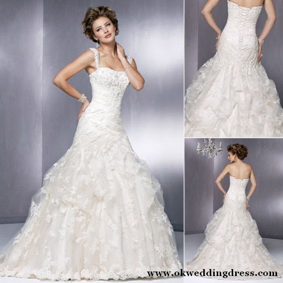 White ball gown soft tulle aplliqued Tiered wedding gown