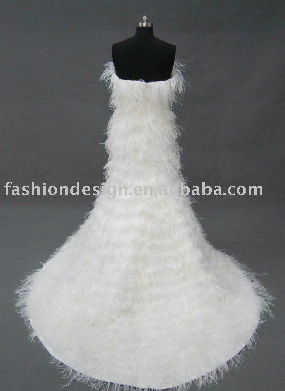 REAL297 Elegant ostrich feather mermaid plain ivory wedding dress
