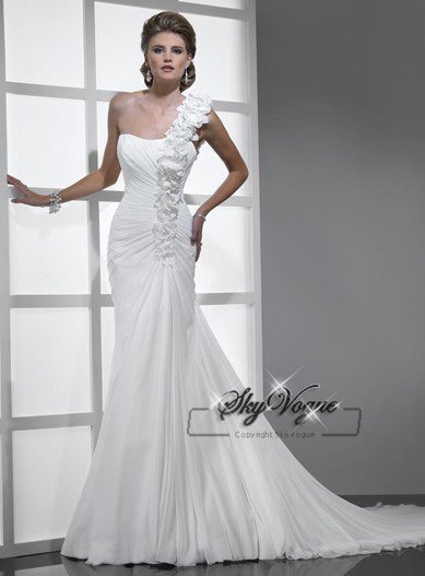 SM1129 Applique One Shoulder Ruffle Wedding Dress
