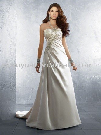 Champagne satin halter AAW134 classical style bridal dress
