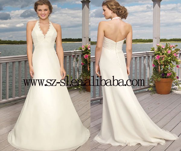 Gorgeous halter beaded V neck backless ball gown wedding dress491