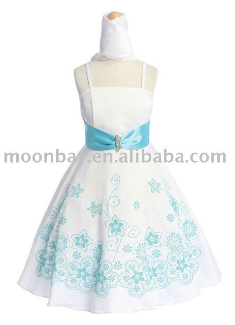 White Dress Turquoise Embroidered flower girl dress mt695